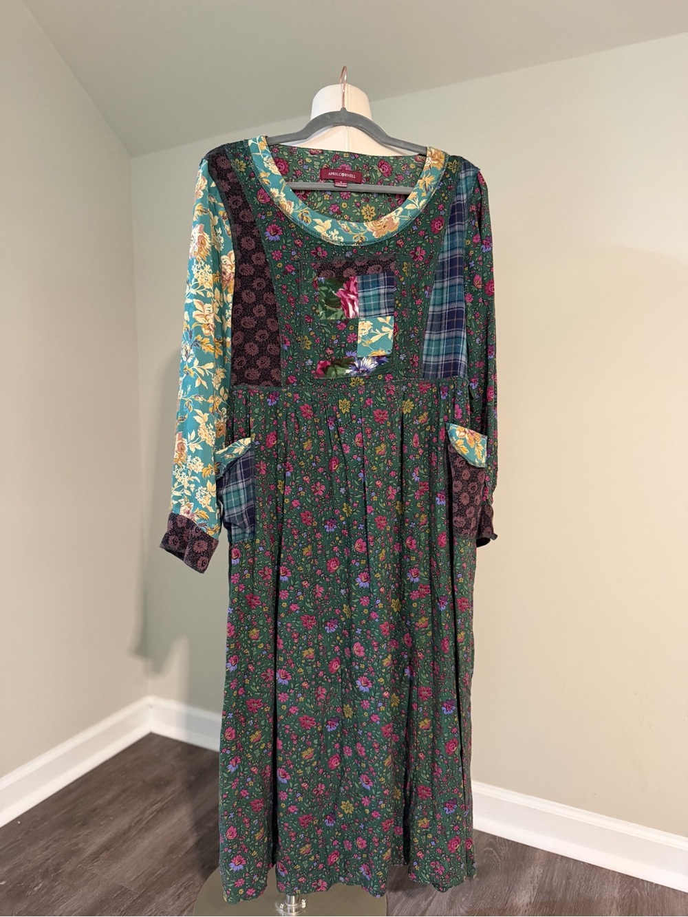 April Cornell Plaid Floral Patchwork Dress - Prairie, Whimsical, Flowy, Morikei